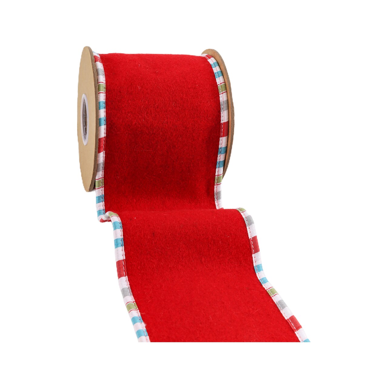 LaRibbons 4" - 2 1/2" Wired Ribbon | Red Felt w/ Teal Plaid Edging | 5 Yard Roll